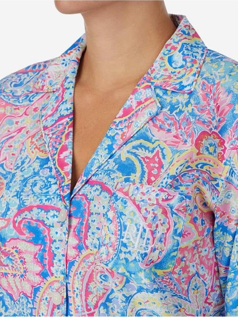 Lauren Ralph Lauren Pink Blue Paisley Button-Front Pajama Top L